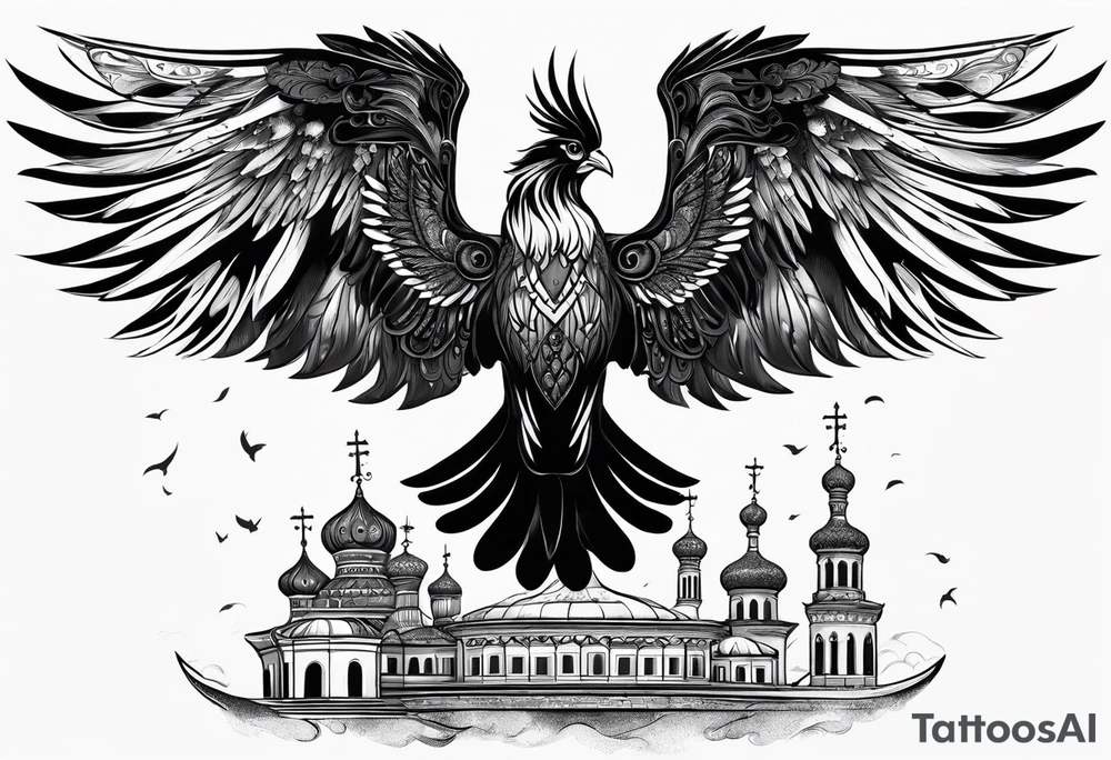 russian firebird in-flight with fancy tail and 3 small onion cap monastery towers in background, with "Isaiah 43: 18-19" tattoo idea