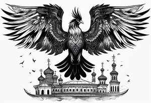 russian firebird in-flight with fancy tail and 3 small onion cap monastery towers in background, with "Isaiah 43: 18-19" tattoo idea