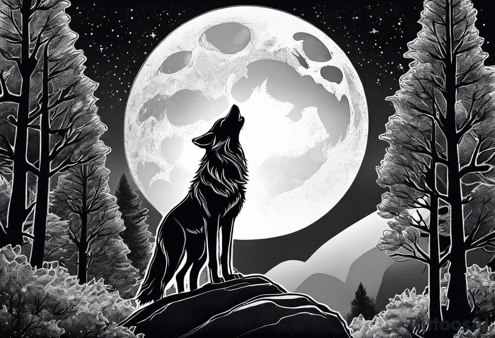 A wolf howling at the full moon on top of a rock surrounded by trees tattoo idea