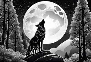 A wolf howling at the full moon on top of a rock surrounded by trees tattoo idea
