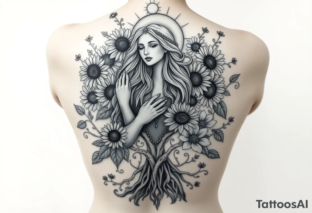 Realistic black and grey back tattoo design of Mother Earth surrounded by flowing sunflowers, wildflowers, vines, and glowing celestial elements. She has a calm, powerful face, long wavy hair blending into the plants, and is cradled by vines. Her hands are raised toward a radiant sun above her head. At the bottom, tree roots grow from her lower body, grounding her. The composition is vertical, ethereal, sacred, and feminine. Smooth shading, sculptural style, no cartoon features. High-detail, made for a full back piece. tattoo idea