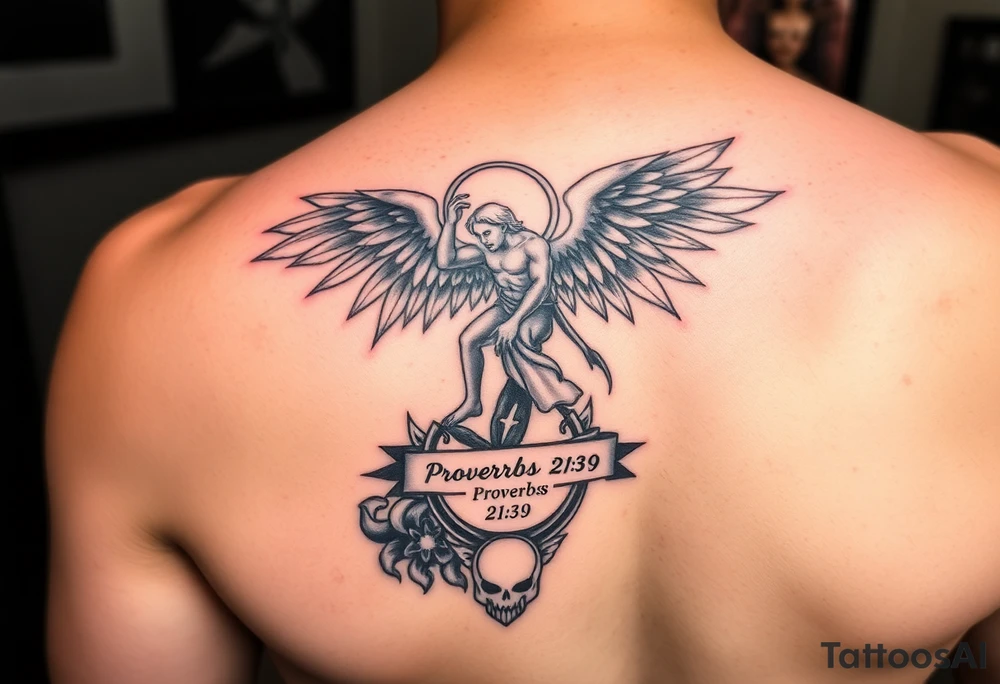 i want to fill my whole forearm so a full half sleeve can you generate archangel micheal stepping on the devils head like defeating him and then can you put  proverbs 21:39 below and put my moms name “Sharnay” with her eyes and fill wtv you want in with the rest just match the theme tattoo idea