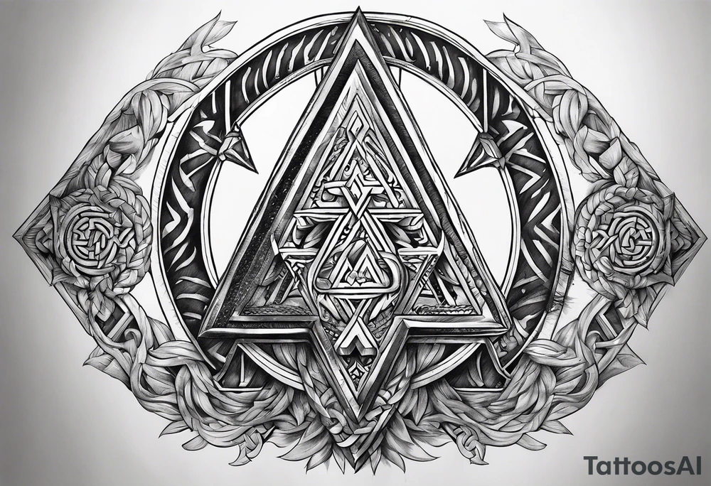 Valhalla sword round  axe Valknut steps fire chains tattoo idea