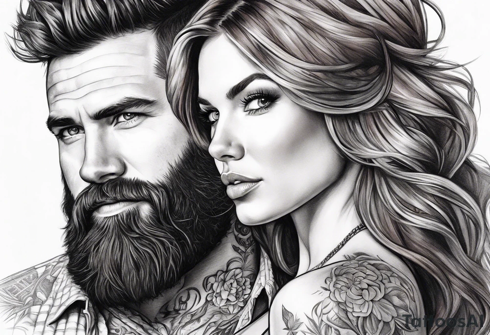 Busty red haired woman with a bearded man who has black hair tattoo idea