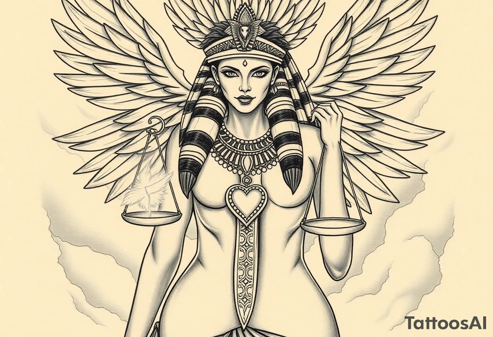 Sexy Egyptian goddess with a curvy body, breasts showing, and wide hips. She is wearing an ostrich feather headdress, and intricate ancient Egyptian jewelry the Anhk necklace. Background includes something similar to heaven. Incorporate the Scales of Justice—one side holding a heart, the other Ma’at’s feather—glowing with ethereal energy. Emphasize dramatic lighting, deep shadows, and surreal, mystical atmosphere tattoo idea