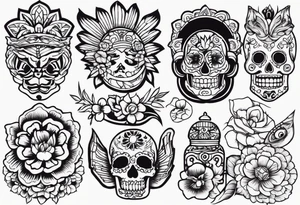 Mexican culture that converts to Japanese culture in a sleeve format tattoo idea