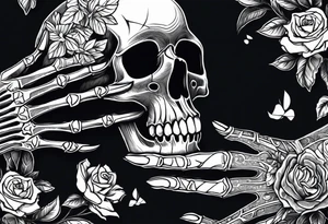 A skeleton hand interacting with a skull, either holding it or placed beside it, is a classic representation of mortality and the passage of time. tattoo idea