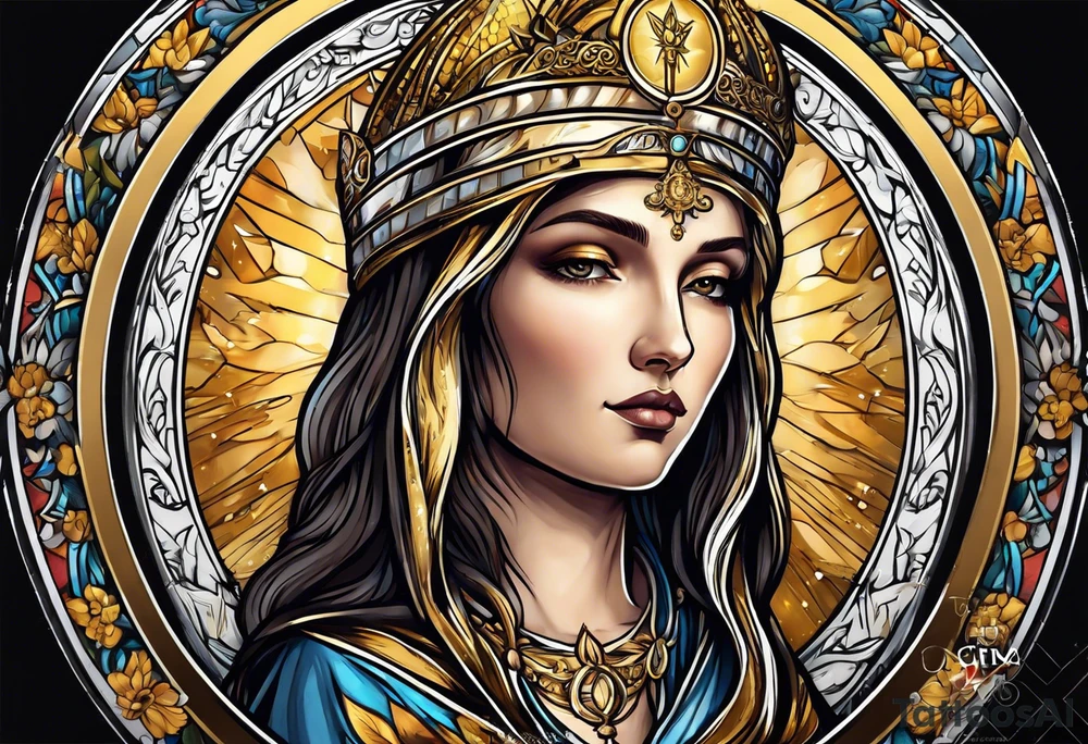 holy saint woman with golden halo holding a chalice tattoo idea