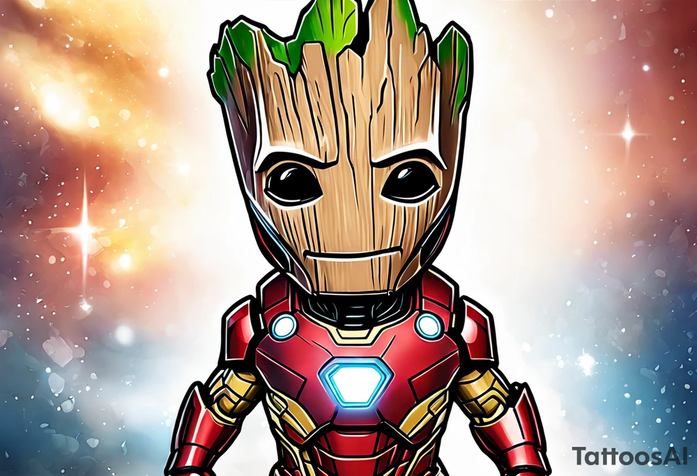 Baby Groot but inside of iron man suit tattoo idea