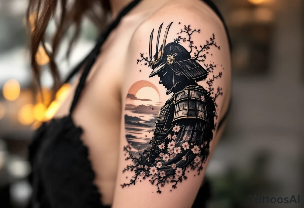 noble samurai warrior silhouette at sunset with cherry blossoms tattoo idea