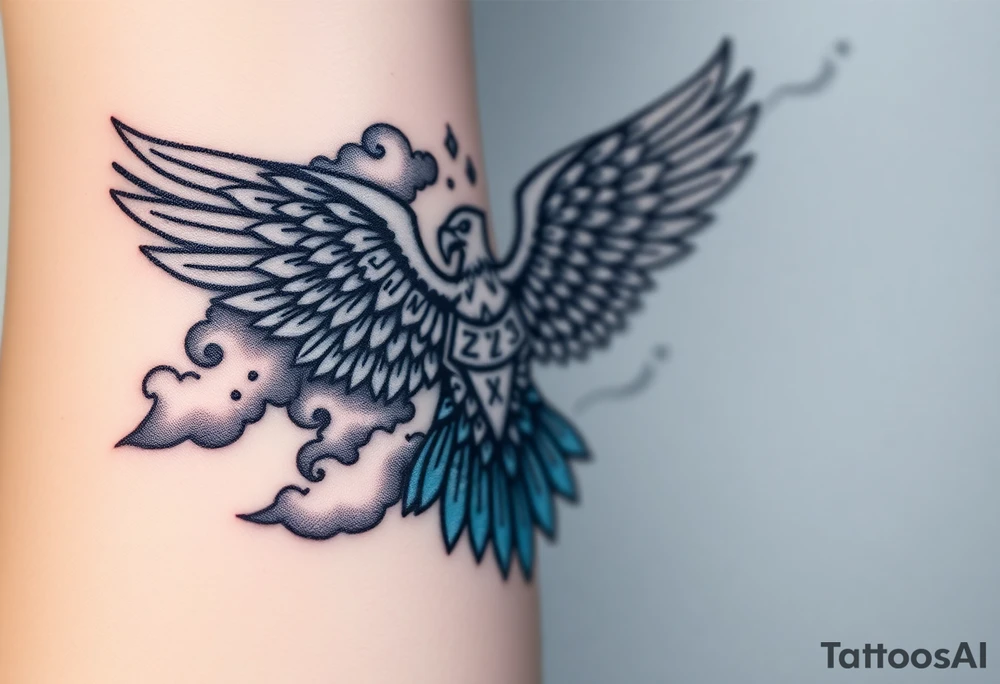 A Norse-inspired eagle with Viking runes etched into its feathers, surrounded by stormy clouds in deep grays and electric blue highlights tattoo idea
