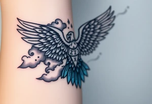 A Norse-inspired eagle with Viking runes etched into its feathers, surrounded by stormy clouds in deep grays and electric blue highlights tattoo idea