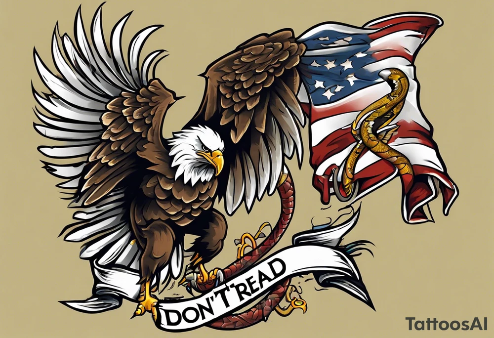 American traditional Bald Eagle carrying a snake in its talons, with a banner reading “don't tread on me” tattoo idea