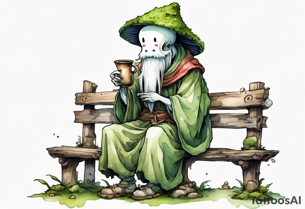 a kodama wearing a mushroom hat and a mossy beard and a medieval tunic drinking from a wood cup, sitting on a bench smiling tattoo idea