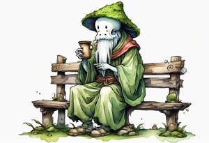 a kodama wearing a mushroom hat and a mossy beard and a medieval tunic drinking from a wood cup, sitting on a bench smiling tattoo idea