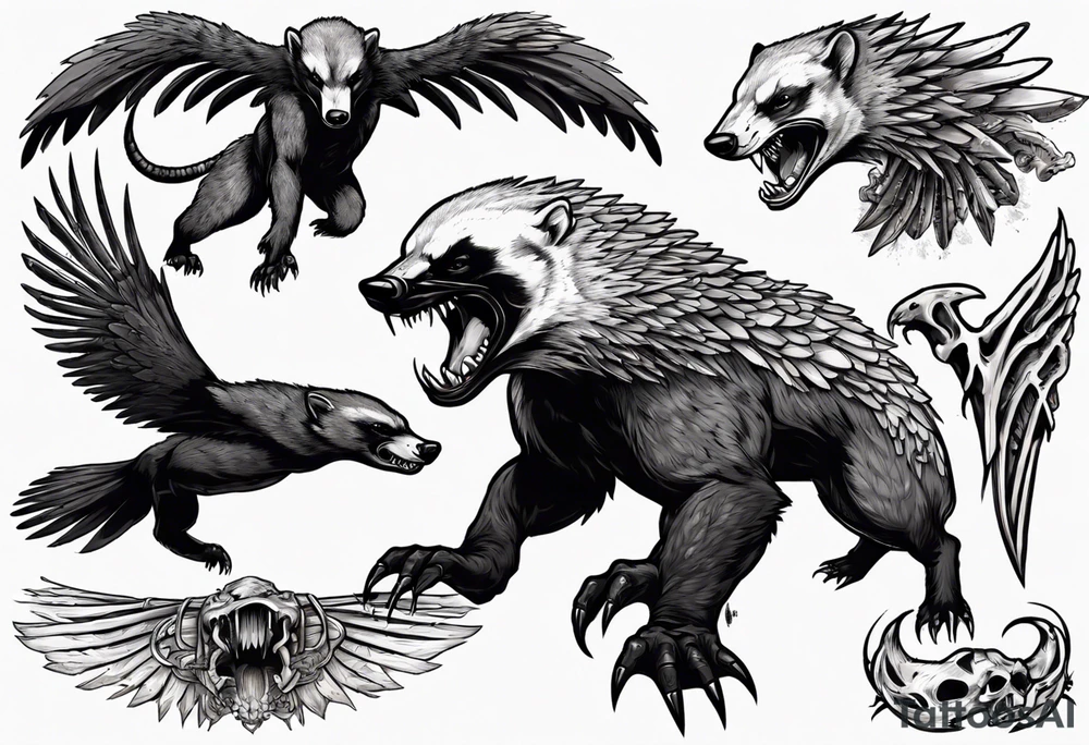 Angry, snarling, detailed forward-facing honey badger against the background of large wings made of bones tattoo idea