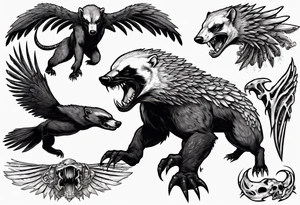 Angry, snarling, detailed forward-facing honey badger against the background of large wings made of bones tattoo idea