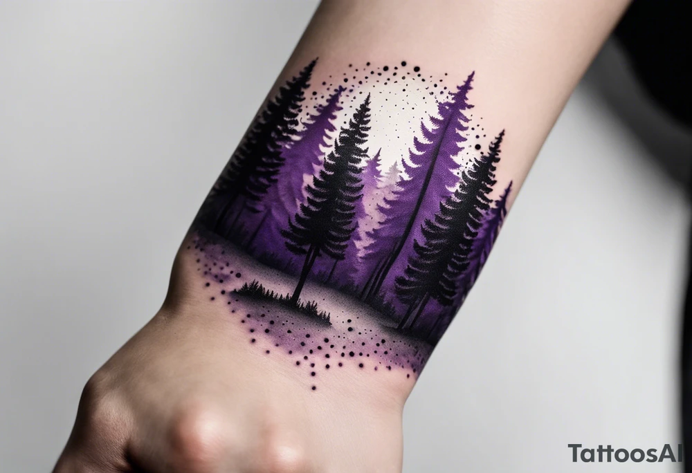 forest, abstract, on hand, no people, purple and black, full, whole wrist wrapped, filled tattoo idea