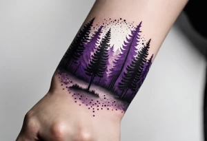 forest, abstract, on hand, no people, purple and black, full, whole wrist wrapped, filled tattoo idea