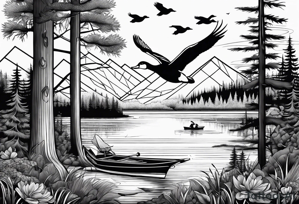 Wooded area with lake, mallards flying, and a model t tattoo idea