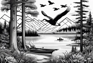 Wooded area with lake, mallards flying, and a model t tattoo idea