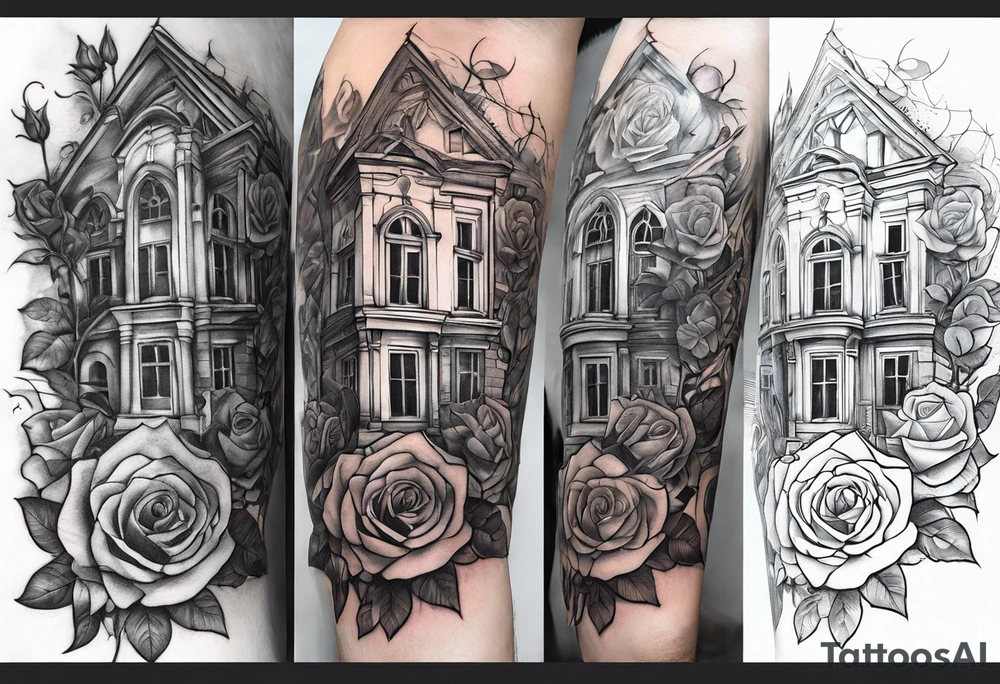 fool sleeve,, abandoned old gotic house, broken sword, roses, tattoo idea