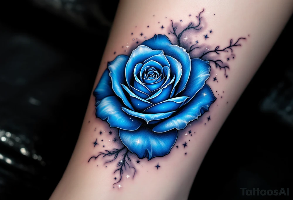 Mystic glowing blue rose, petals painted in cerulean and cobalt, surrounded by silver smoke and tiny stars in dotwork. tattoo idea