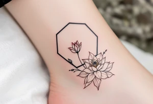 Leo, larkspur and water lily surrounded by a hexagon tattoo idea