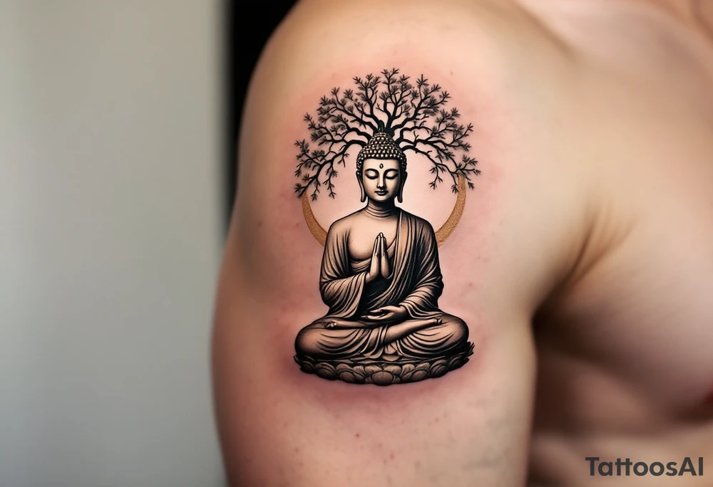 Buddha Sitting in Meditation – The iconic seated posture under the Bodhi tree, in soft sepia, black and gray, or gold ink. tattoo idea