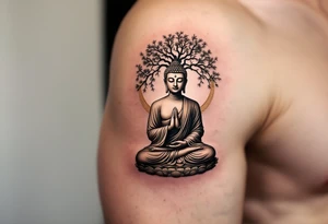 Buddha Sitting in Meditation – The iconic seated posture under the Bodhi tree, in soft sepia, black and gray, or gold ink. tattoo idea