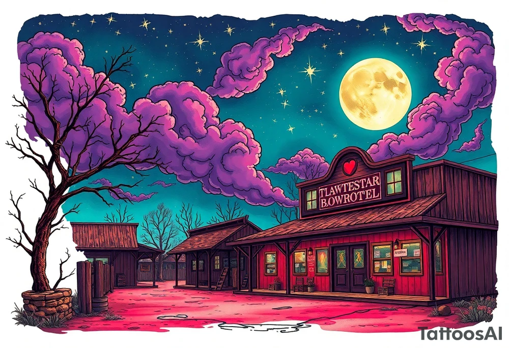 Tim Burton’s old western cowboy texas brothel r from outside view is the street abandoned and dripping with muted reds, dusty pinks, and eerie green glow purple and cyan smokey clouds swirl and dance in the moonlit night sky filled with twinkling stars  tattoo idea tattoo idea
