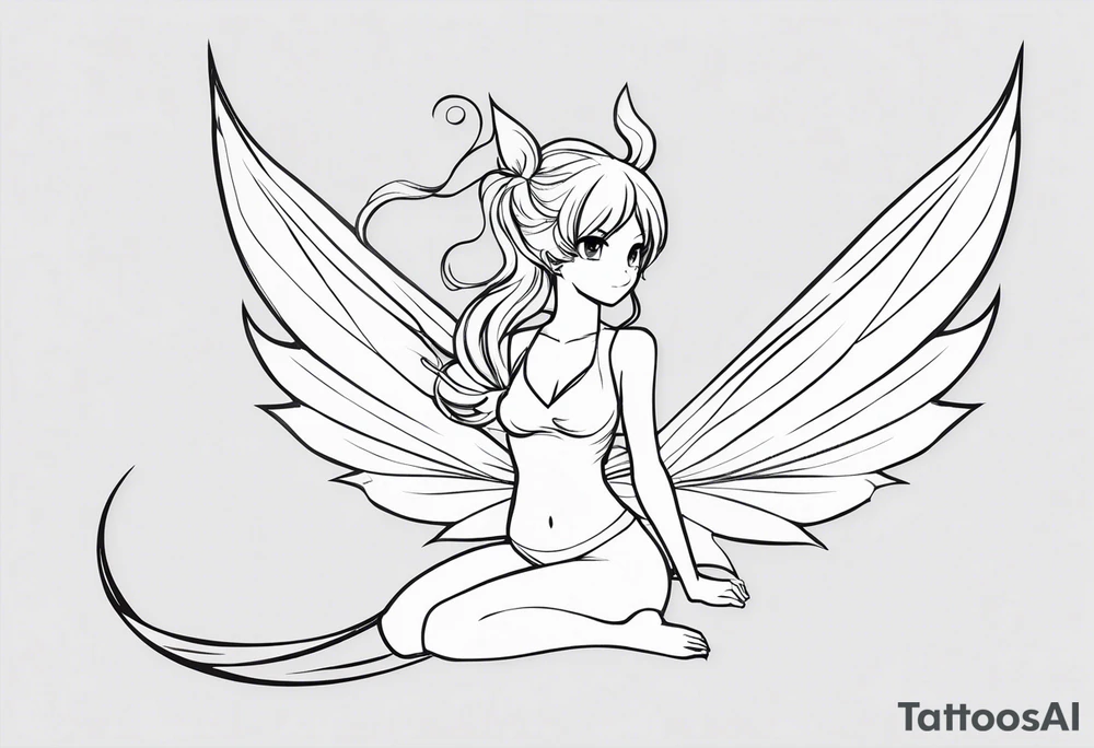 No color sketch of a fairy with a tail inspired by the guild symbol in the anime show called Fairy Tail in a fetal position leaning forward while crawled in and her body is an angle while floating in the air with big wings tattoo idea