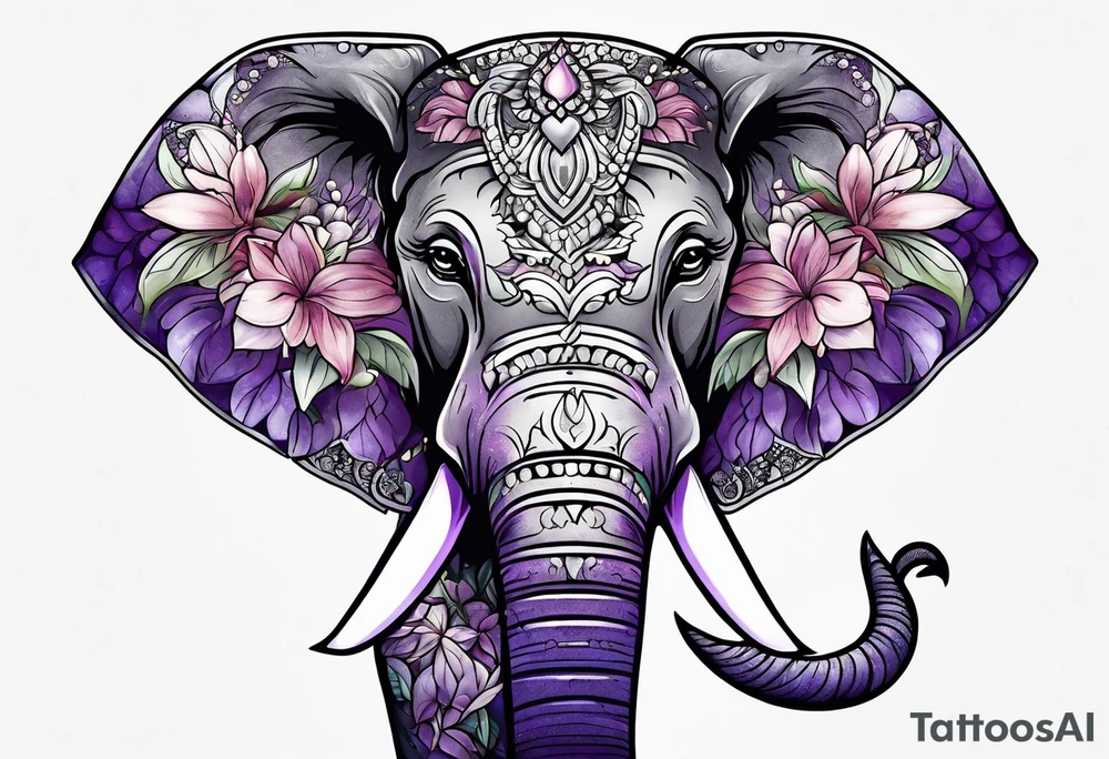Elephant face covered with lilacs tattoo idea