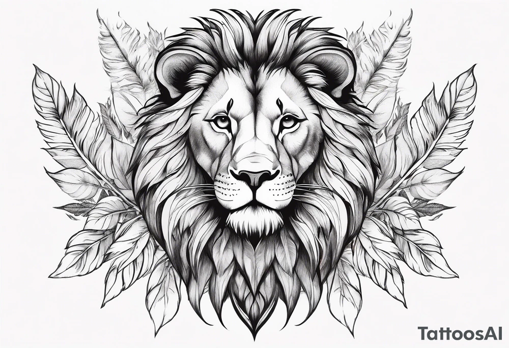 Feminine lion with feathers floral tattoo idea