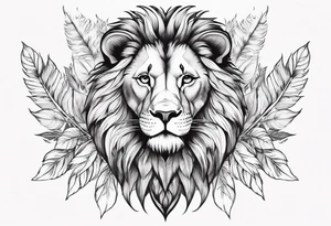 Feminine lion with feathers floral tattoo idea