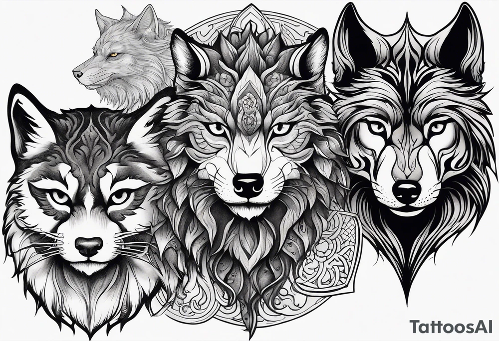 three animal heads merged: 

1. A chinese dragons head (on the left)
2. A Feline cats head(in the middle)
3. A Wolves Head (on the right) tattoo idea