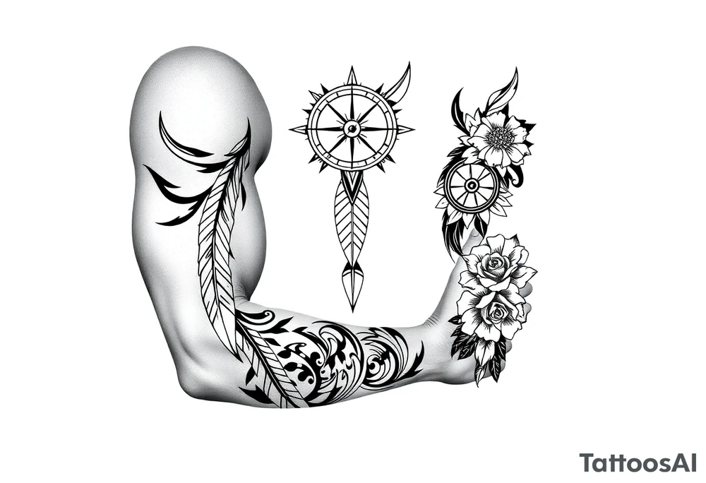 feathers with compass  a clock on elbows with roses tattoo idea
