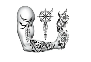 feathers with compass  a clock on elbows with roses tattoo idea
