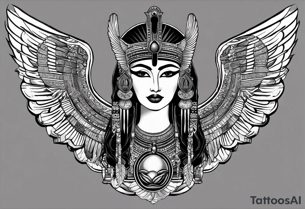black and white Egyptian goddess Isis, who is often depicted as a woman with outstretched wings, holding an ankh (a symbol of life) in one hand and a lotus flower in the other. Her headdress often includes a throne or a solar disk. The tattoo design can vary in style and size, but it typically aims to capture the essence of this revered Egyptian deity, emphasizing her beauty, power, and maternal qualities. The choice of colors and additional elements can also be customized to create a unique and visually striking representation of the goddess Isis tattoo idea