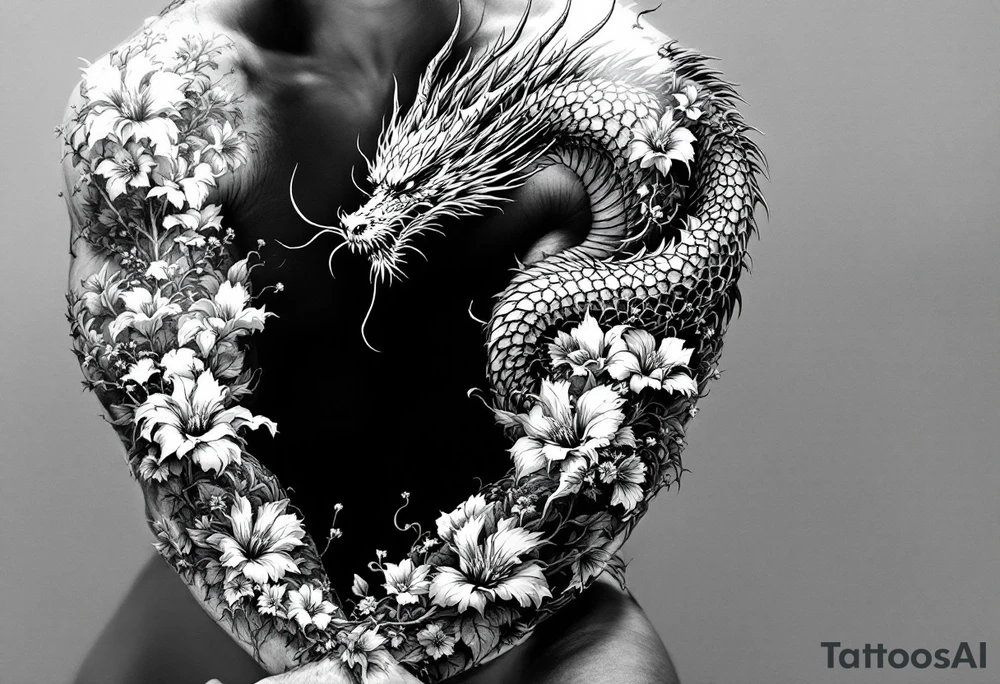 dragon with dead flowers surrounding, going from top to bottom tattoo idea