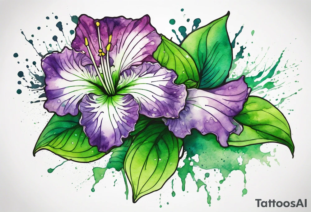 An outline of a green rio dipladenia flower and a green and purple watercolor splash in the background tattoo idea