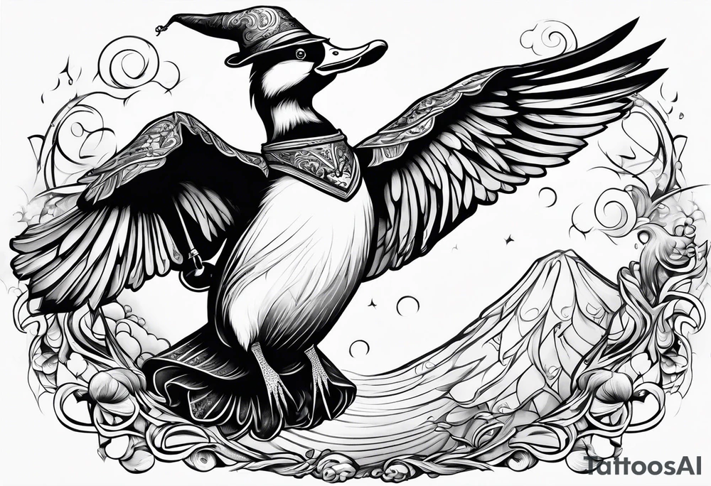 Dabbling Duck dressed like a wizard casting a spell with his wand tattoo idea