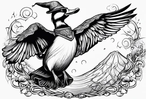 Dabbling Duck dressed like a wizard casting a spell with his wand tattoo idea