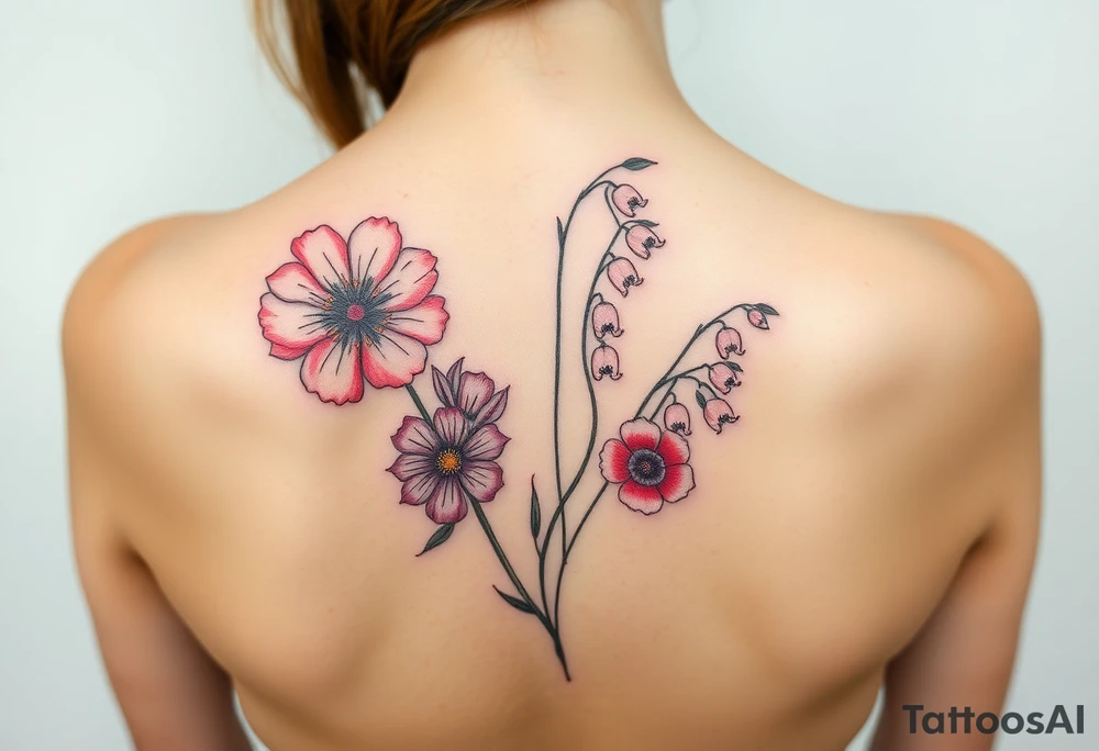 Carnation, Astor, Rose, Lily of the valley, Larkspur with realistic, stems, running down middle of the back tattoo idea