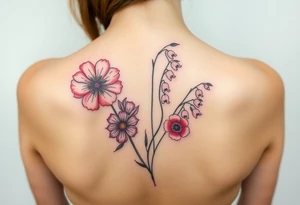 Carnation, Astor, Rose, Lily of the valley, Larkspur with realistic, stems, running down middle of the back tattoo idea