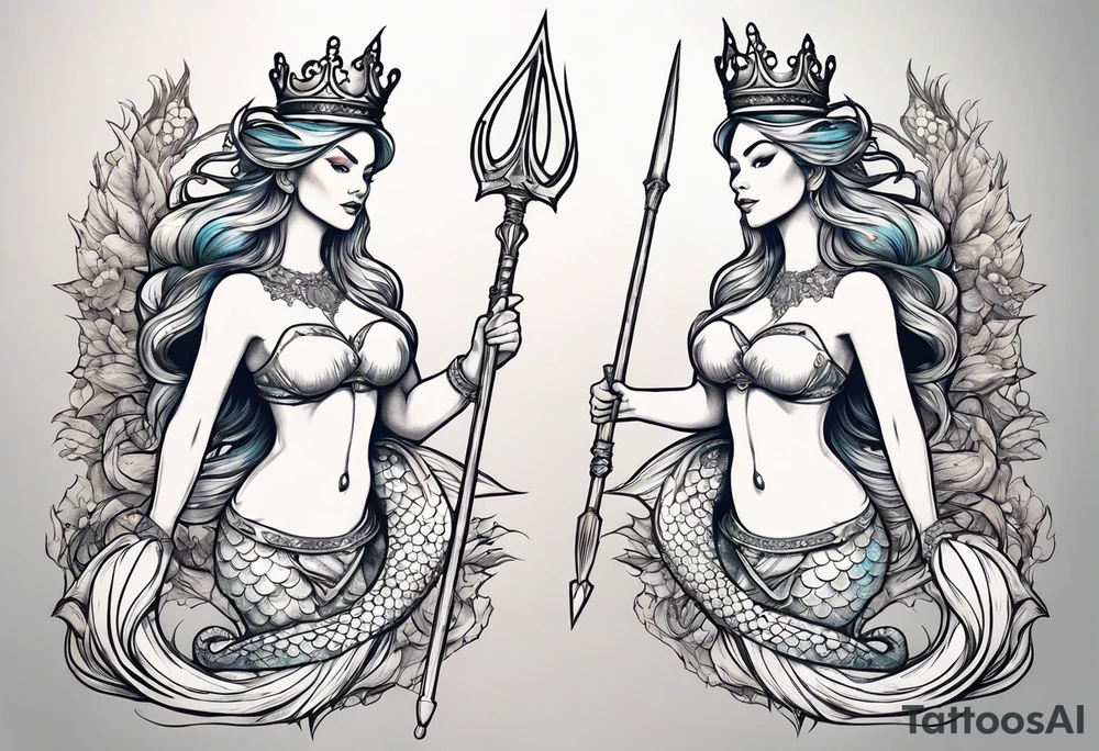 Mermaid full body holding a trident and wearing a crown tattoo idea