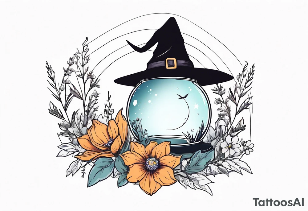 Witch hat balanced on top of a crystal ball sitting on wildflowers tattoo idea