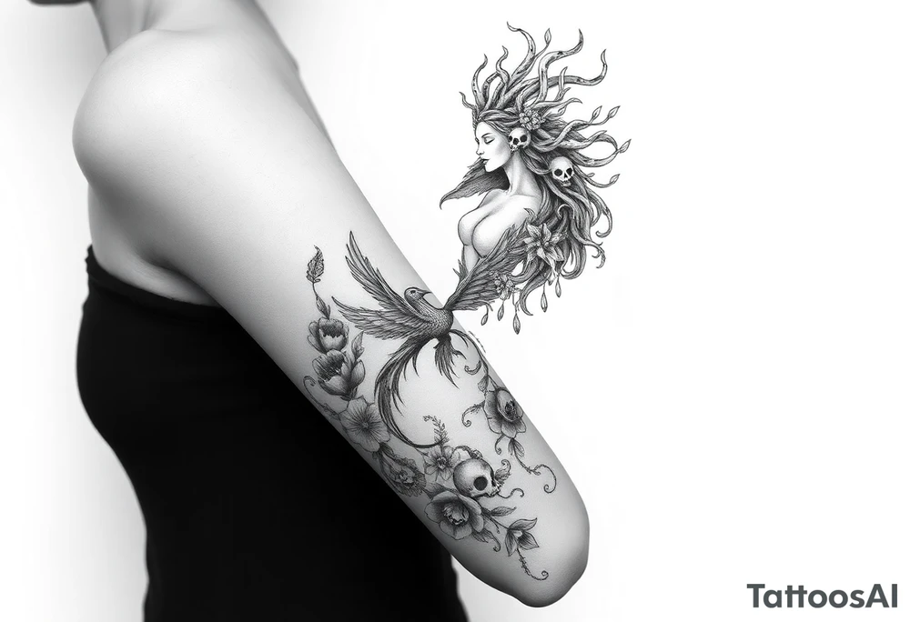 Ethereal Medusa standing. She is beautiful and feminine. She is a phoenix rising from fire and ash. Surrounded by flowers and skulls. Incorporate the phoenix into Medusa tattoo idea