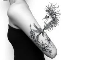 Ethereal Medusa standing. She is beautiful and feminine. She is a phoenix rising from fire and ash. Surrounded by flowers and skulls. Incorporate the phoenix into Medusa tattoo idea