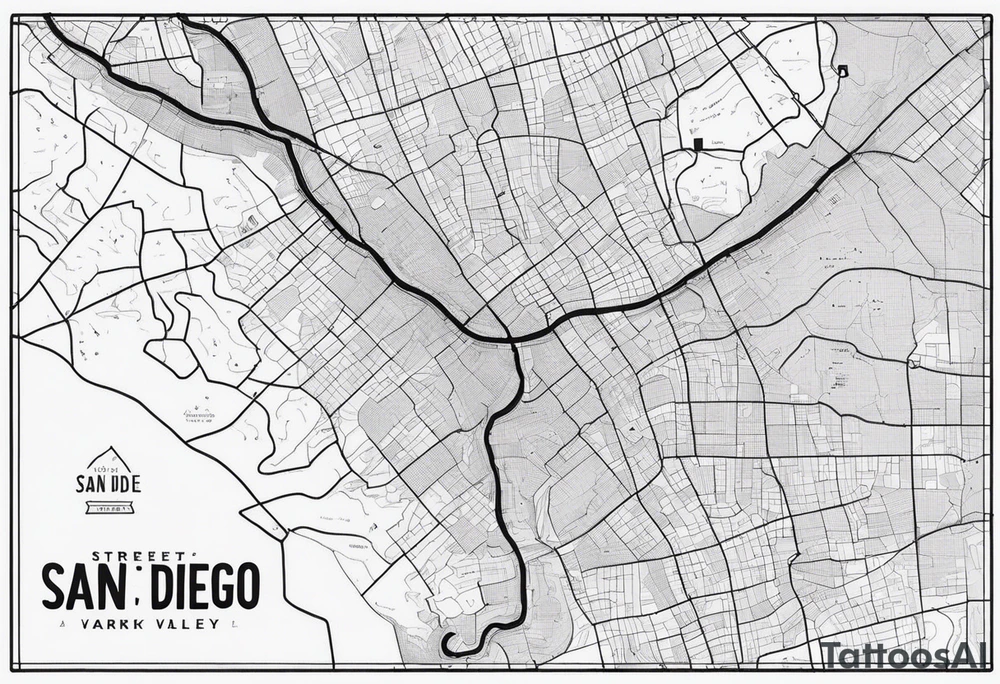 Draw a Streetmap with only one road from San Francisco to San Diego via Yosemite Park, Death Valley, Las Vegas, Grand Canyon, Joshua Tree and Los Angeles. DO it only in Black and White and in a minimalistic Style. tattoo idea